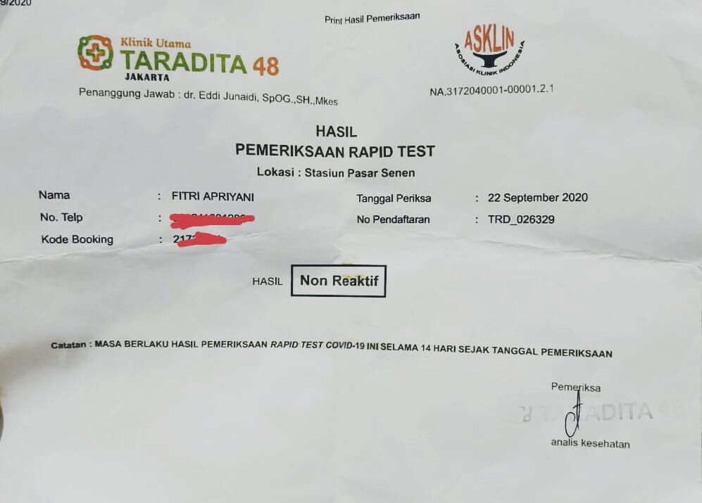 contoh hasil rapid test di stasiun kereta api