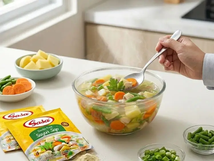 Sajian sayur sop bening homemade dengan kuah bening dan sayuran warna-warni